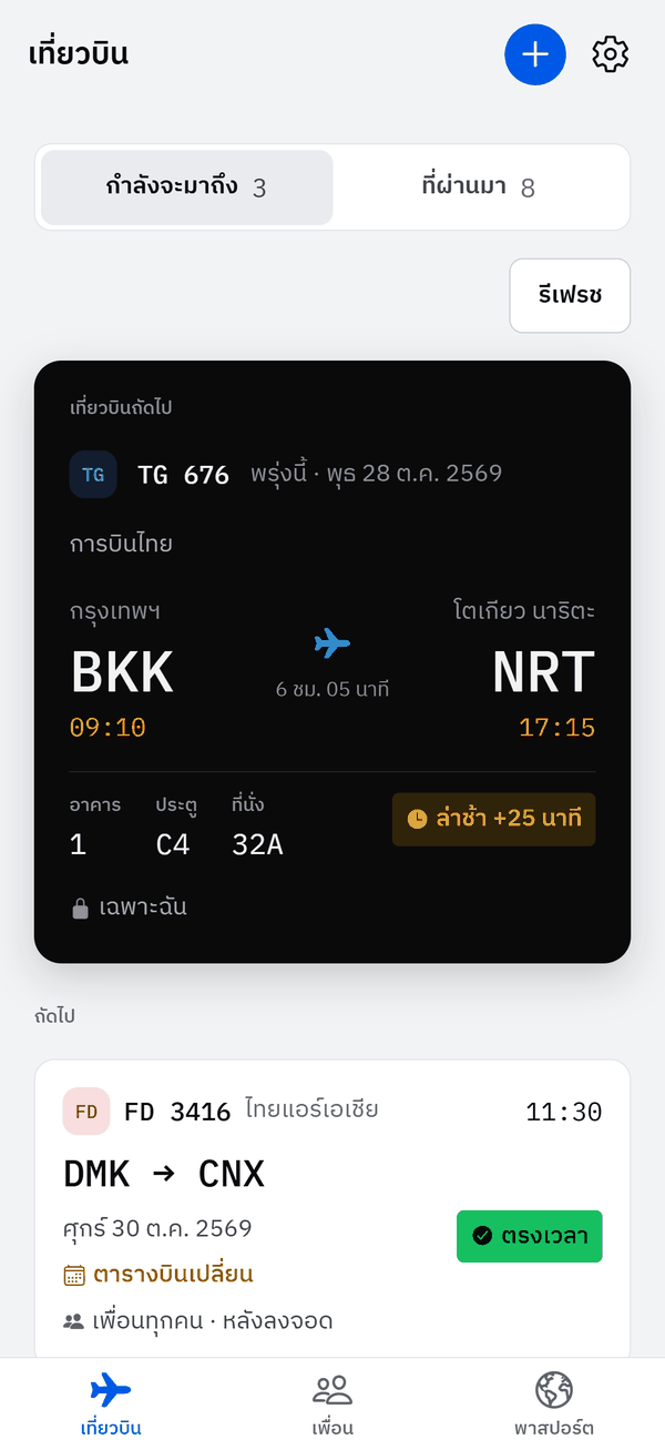 หน้าเที่ยวบินใน Fly Friendly: เที่ยวบินถัดไป TG 676 จากกรุงเทพฯ ไปโตเกียว นาริตะ พร้อมเวลาออกและเวลาถึง อาคาร 1 ประตู C4 ที่นั่ง 32A และล่าช้า 25 นาที