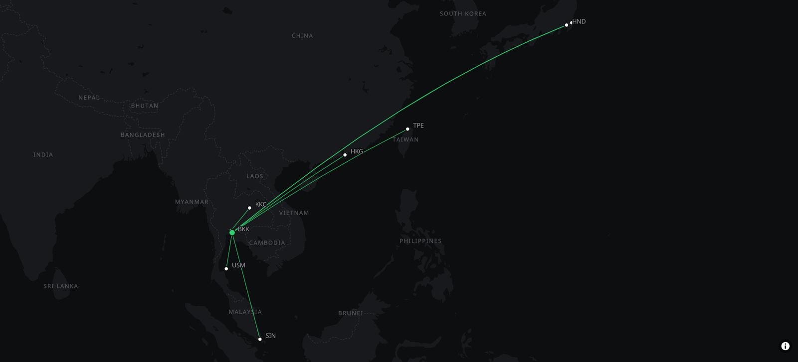 Route map from the Passport screen: lines from Bangkok to Tokyo, Taipei, Hong Kong, Singapore and other airports