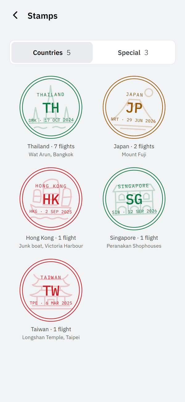Stamps screen: stamps for Thailand, Japan, Hong Kong, Singapore and Taiwan, each with a landmark drawing